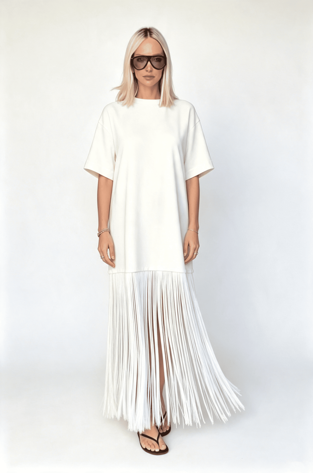 Cream Fringe Hem T-Shirt Dress