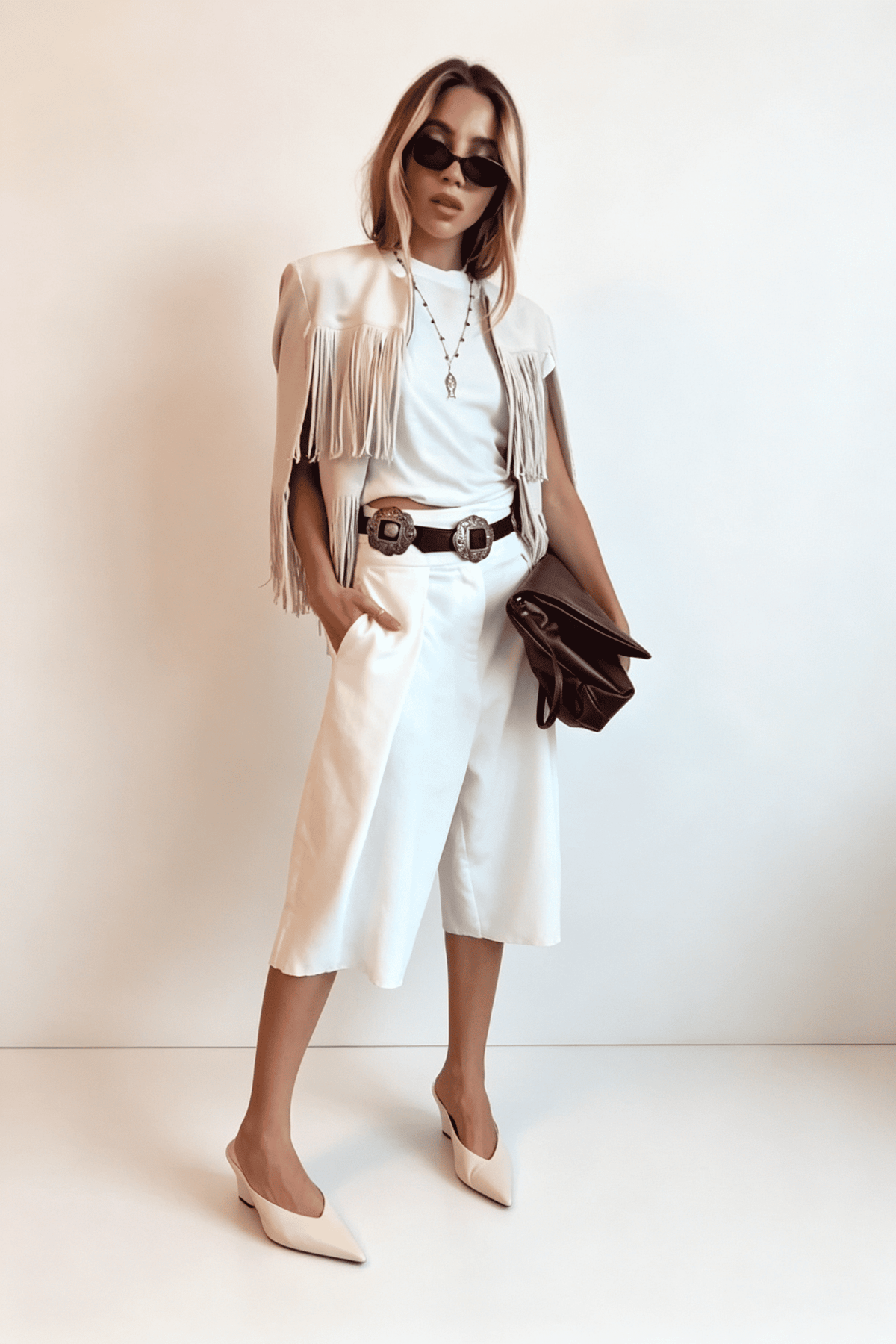 Gilet mantella western color crema con frange