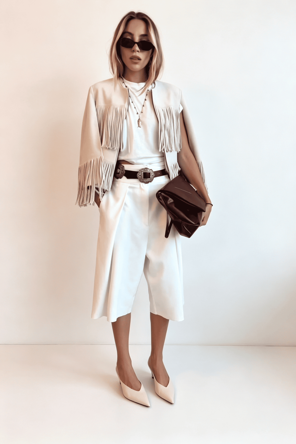 Gilet mantella western color crema con frange