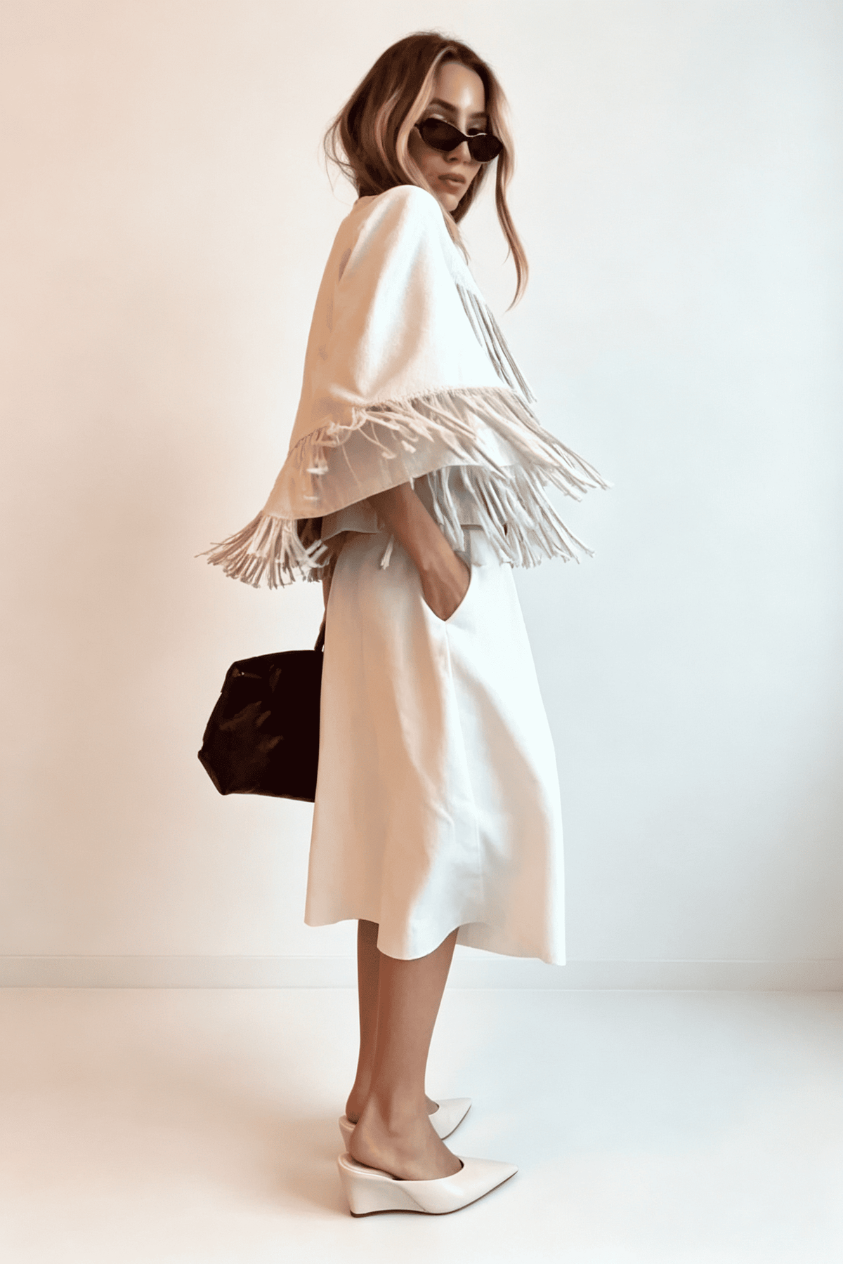 Gilet mantella western color crema con frange