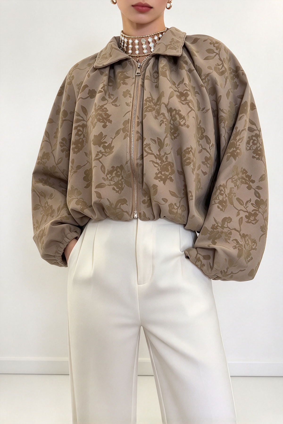 Khaki Vintage Floral Collared Zip-Front Short Jacket