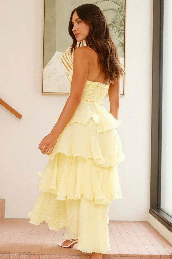 Sexig Chic Strapless Backless Tiered Midi Klänning