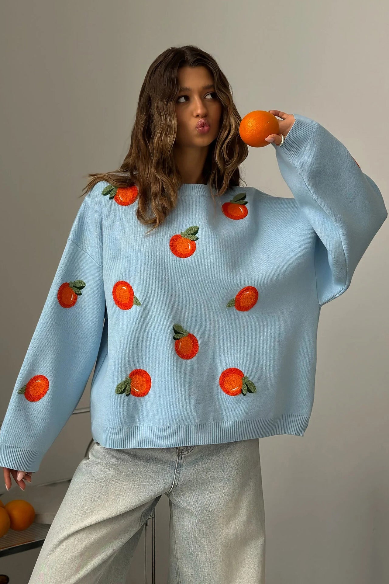 Girls' Orange Flocked Knit Sweater