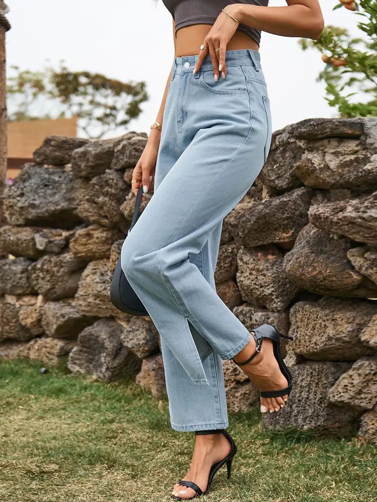 Trendy gewäschten Denim Boxepatalonen mat opgesplécktem Saum