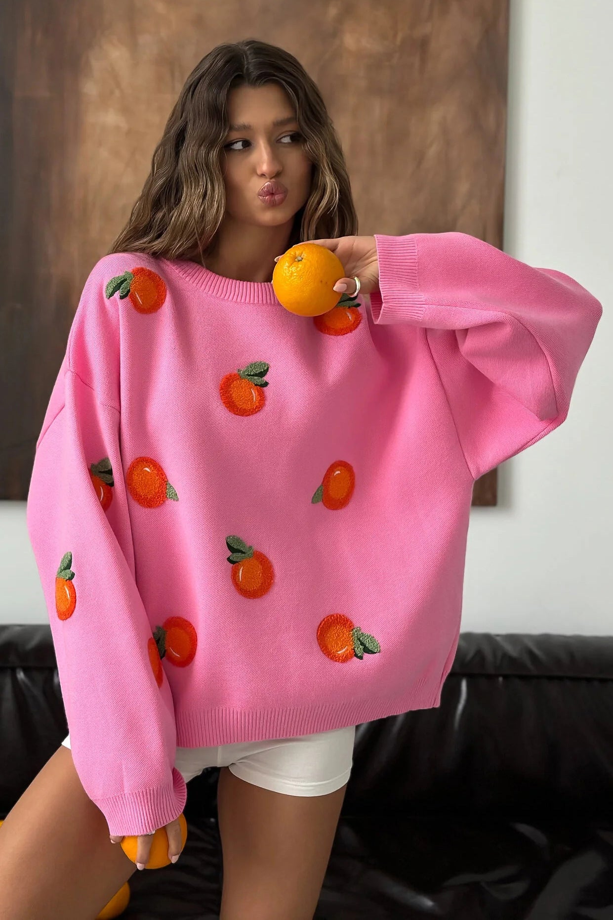 Girls' Orange Flocked Knit Sweater
