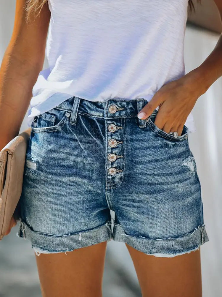 Mångsidiga högmidjade slitna jeansshorts