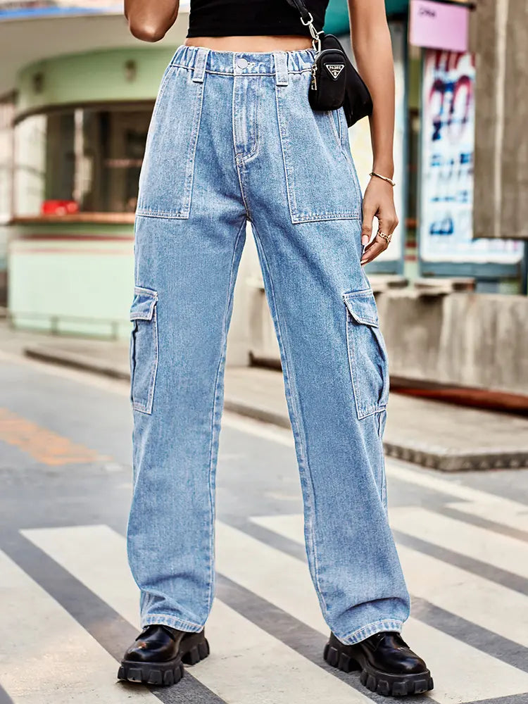 Retro gewäsch Utility-Denim-Hosen mat elasteschem Bund