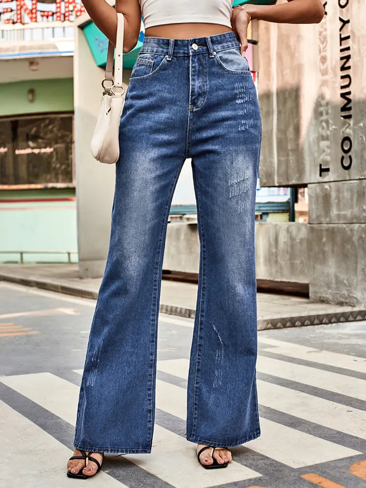 Pantalon en jean évasé polyvalent à taille mi-haute