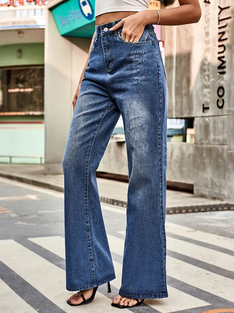 Pantalon en jean évasé polyvalent à taille mi-haute