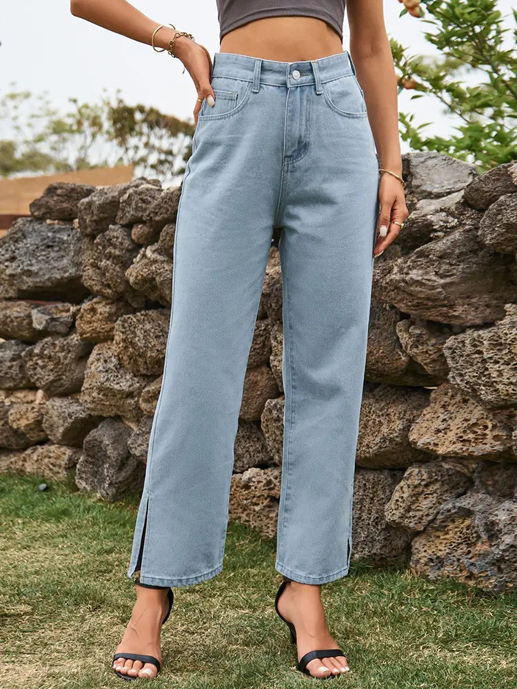 Trendy gewäschten Denim Boxepatalonen mat opgesplécktem Saum