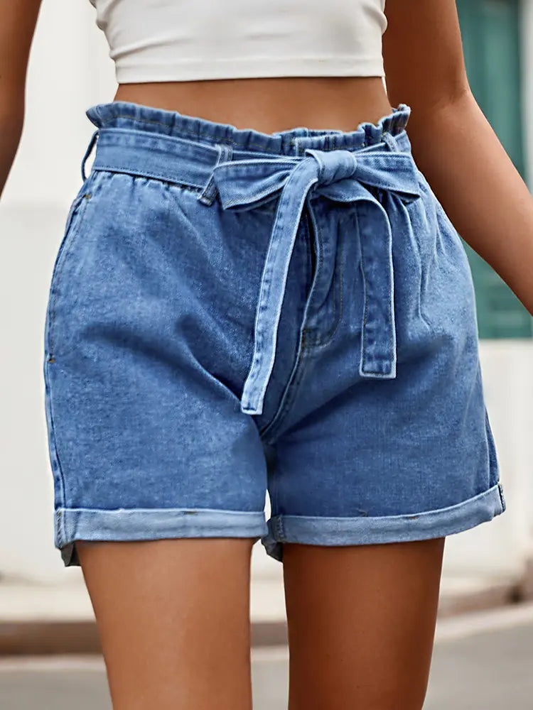 Héichtaill Denim-Shorts mat Schnouer an Schleif