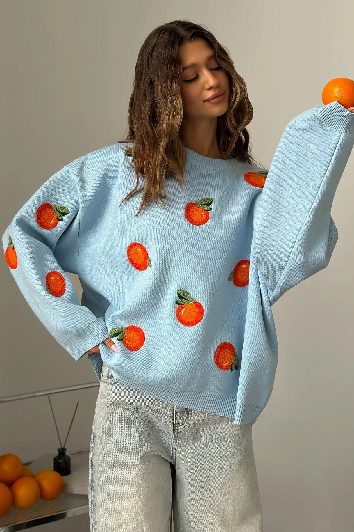 Girls' Orange Flocked Knit Sweater