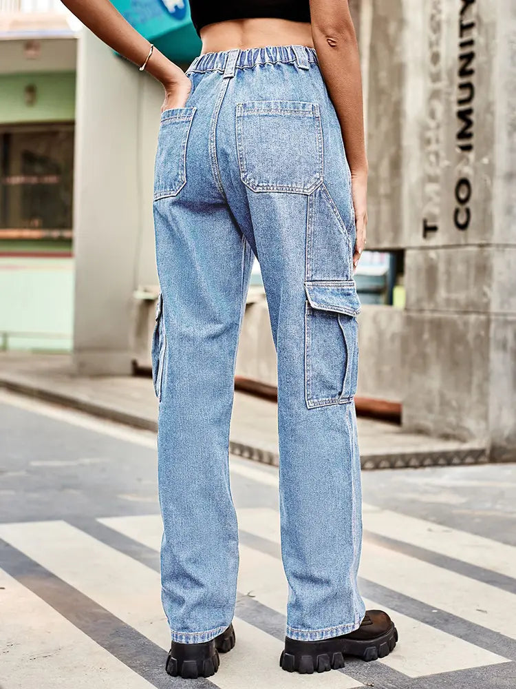 Retro gewäsch Utility-Denim-Hosen mat elasteschem Bund