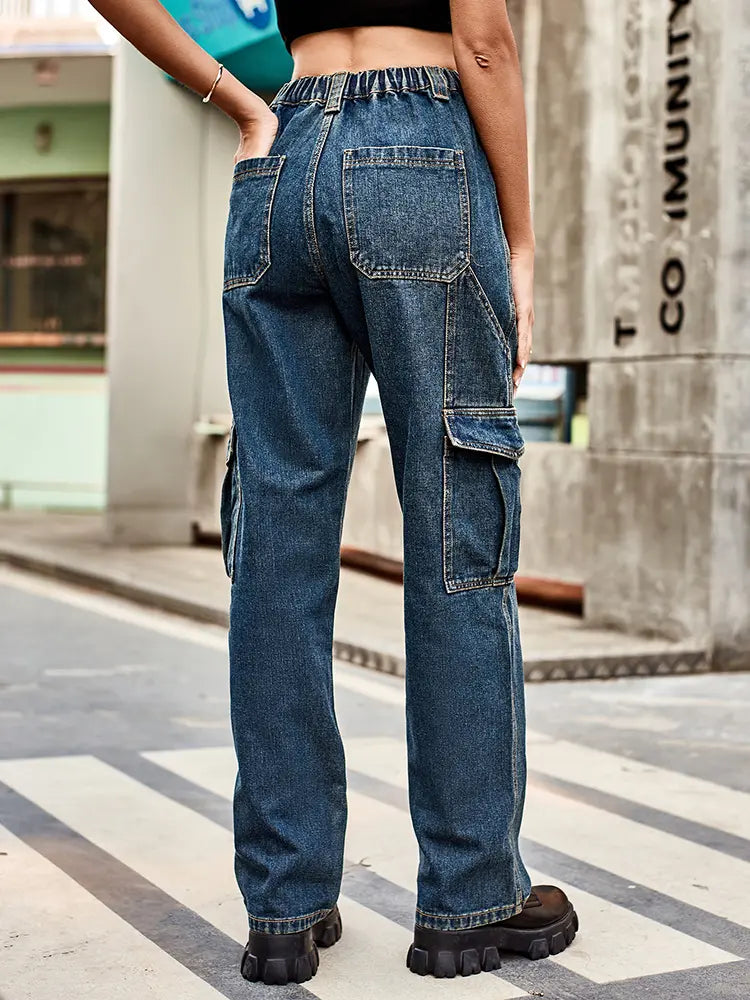 Retro gewäsch Utility-Denim-Hosen mat elasteschem Bund