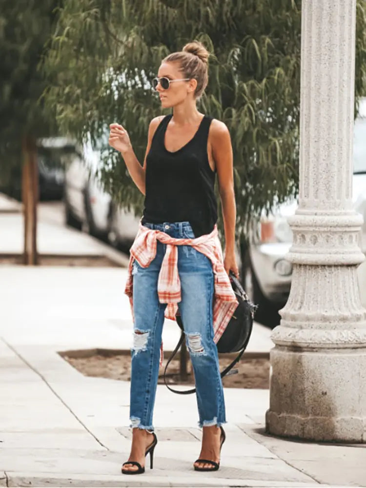 Pantaloni Casual in Denim Sdrucito alla Moda
