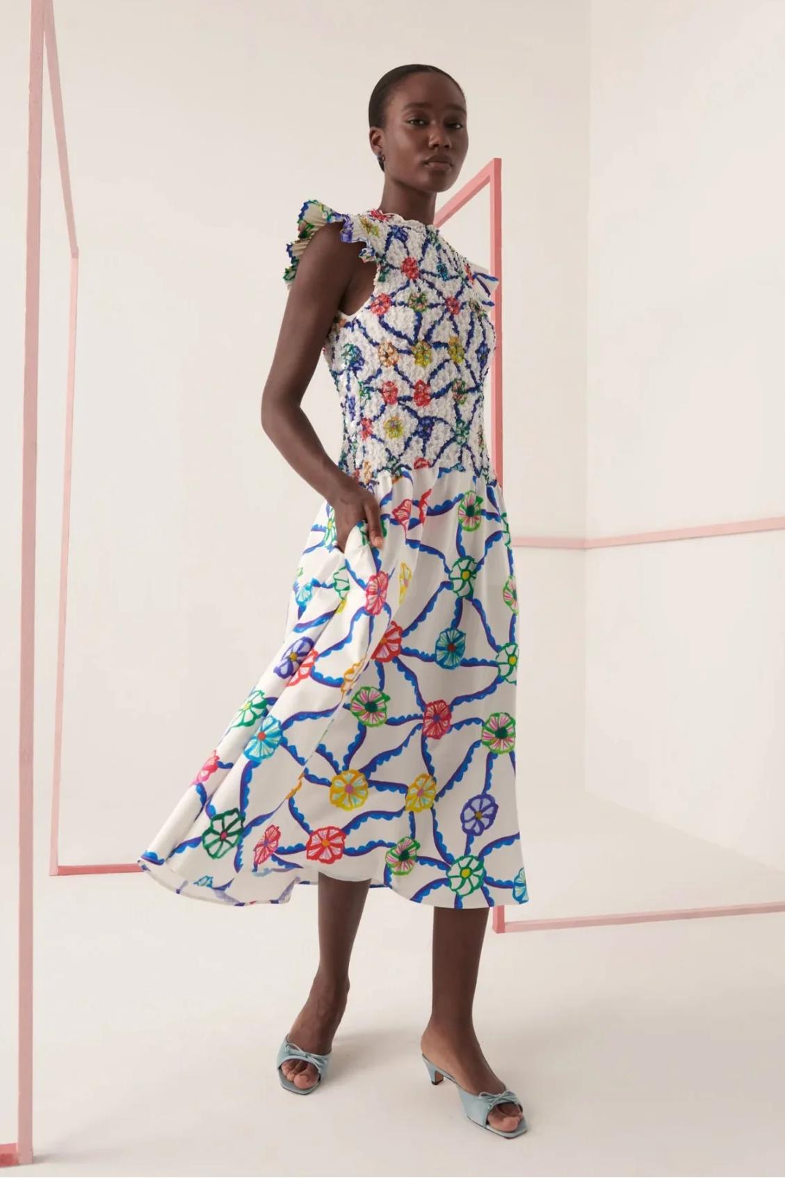 Printed Ruffle Trim Midi Dress