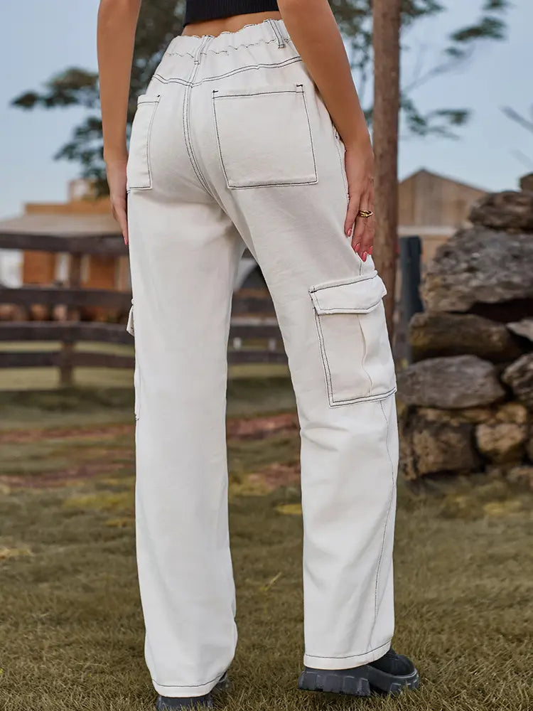 Spodnie cargo z denimu o luźnym kroju i elastycznym pasie w stylu vintage