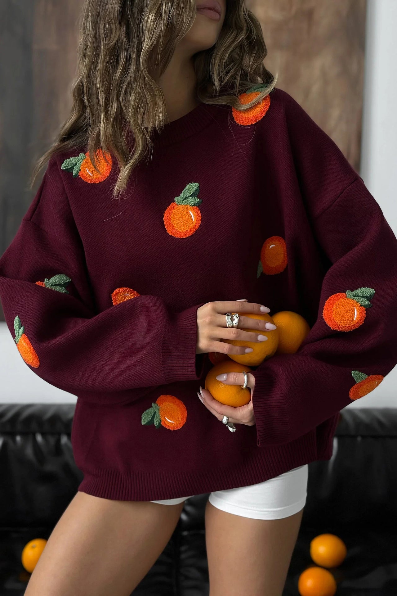 Girls' Orange Flocked Knit Sweater