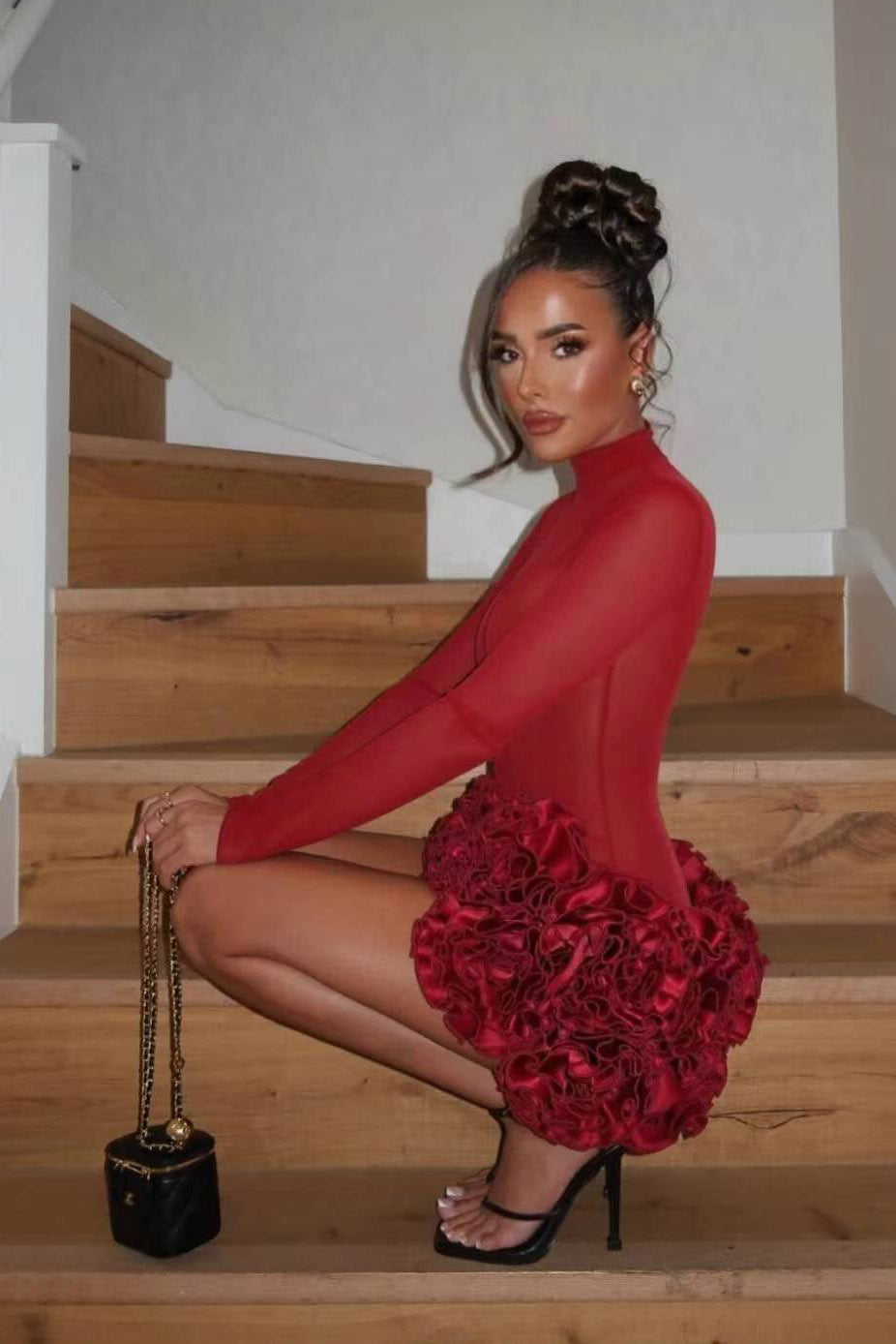 Röd 3D Flower Fåll Sexig Spets-Up Off-Soulder Mini Klänning