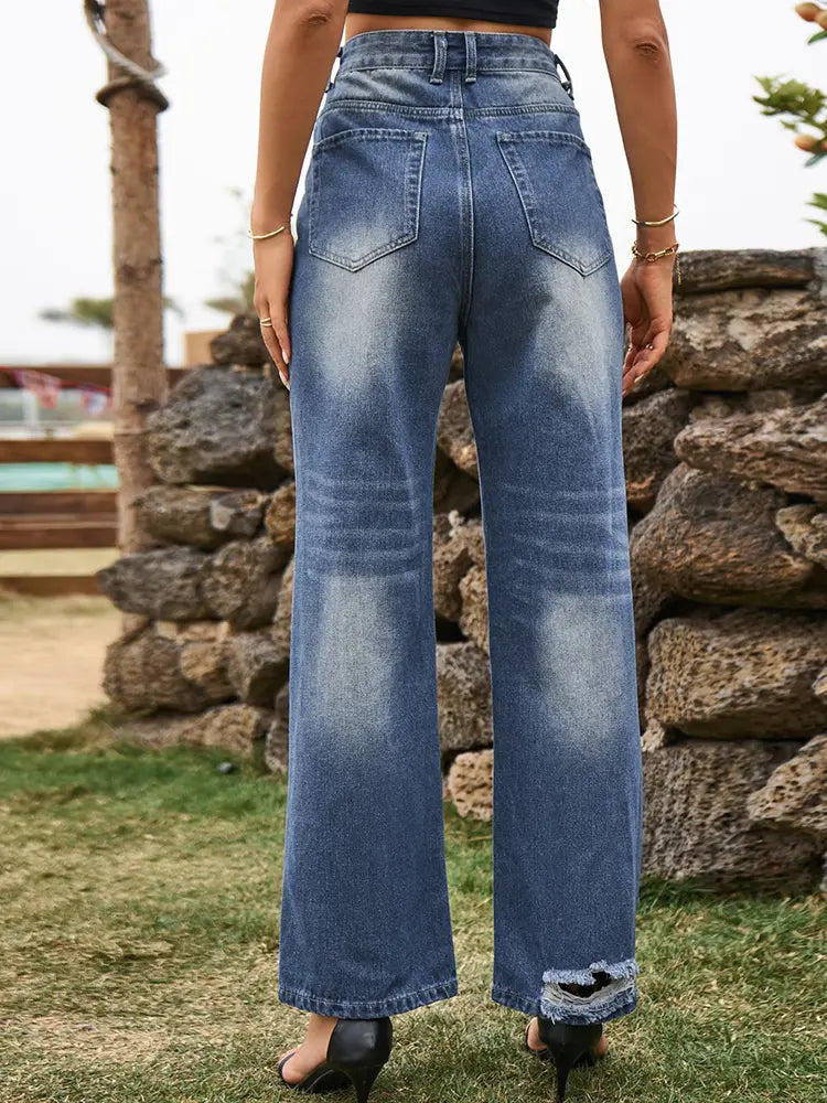 Pantalon en jean tendance déchiré, taille haute, jambes larges