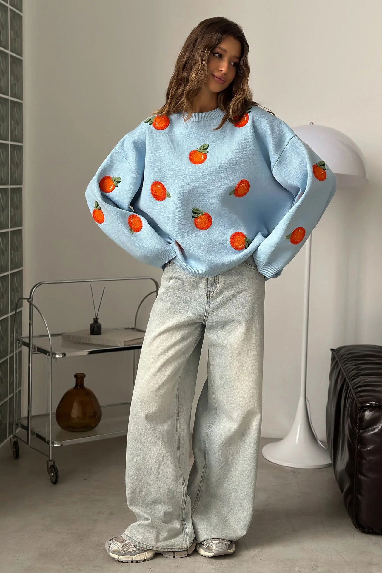 Girls' Orange Flocked Knit Sweater