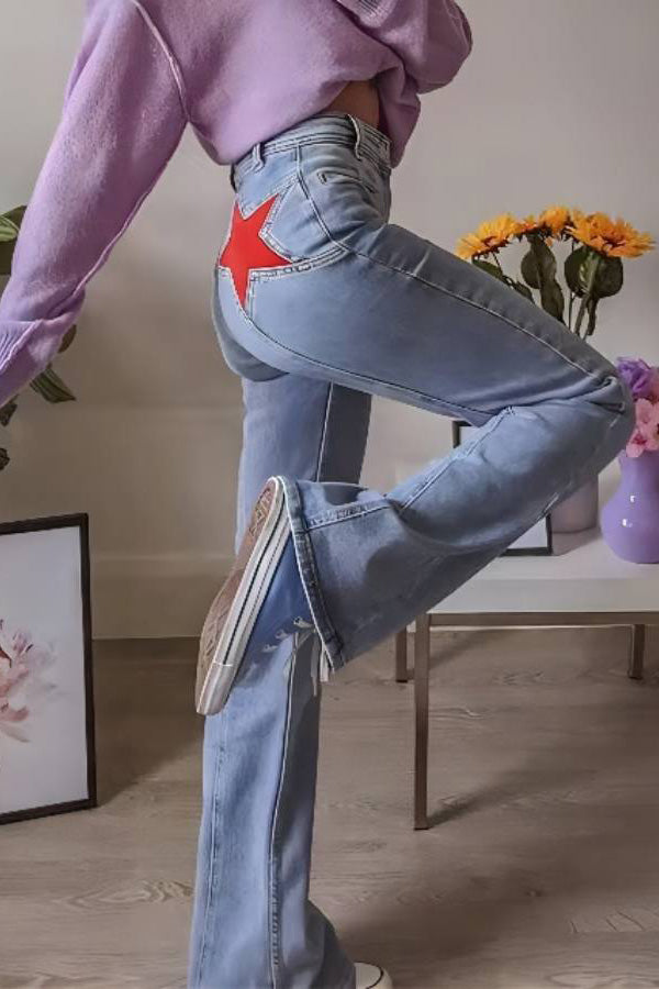 Retro Orta Bel Geniş Paça Kot Pantolon