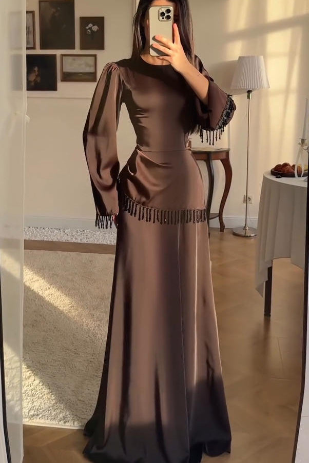 Elegant Fringe Accents Satin Maxi Dress