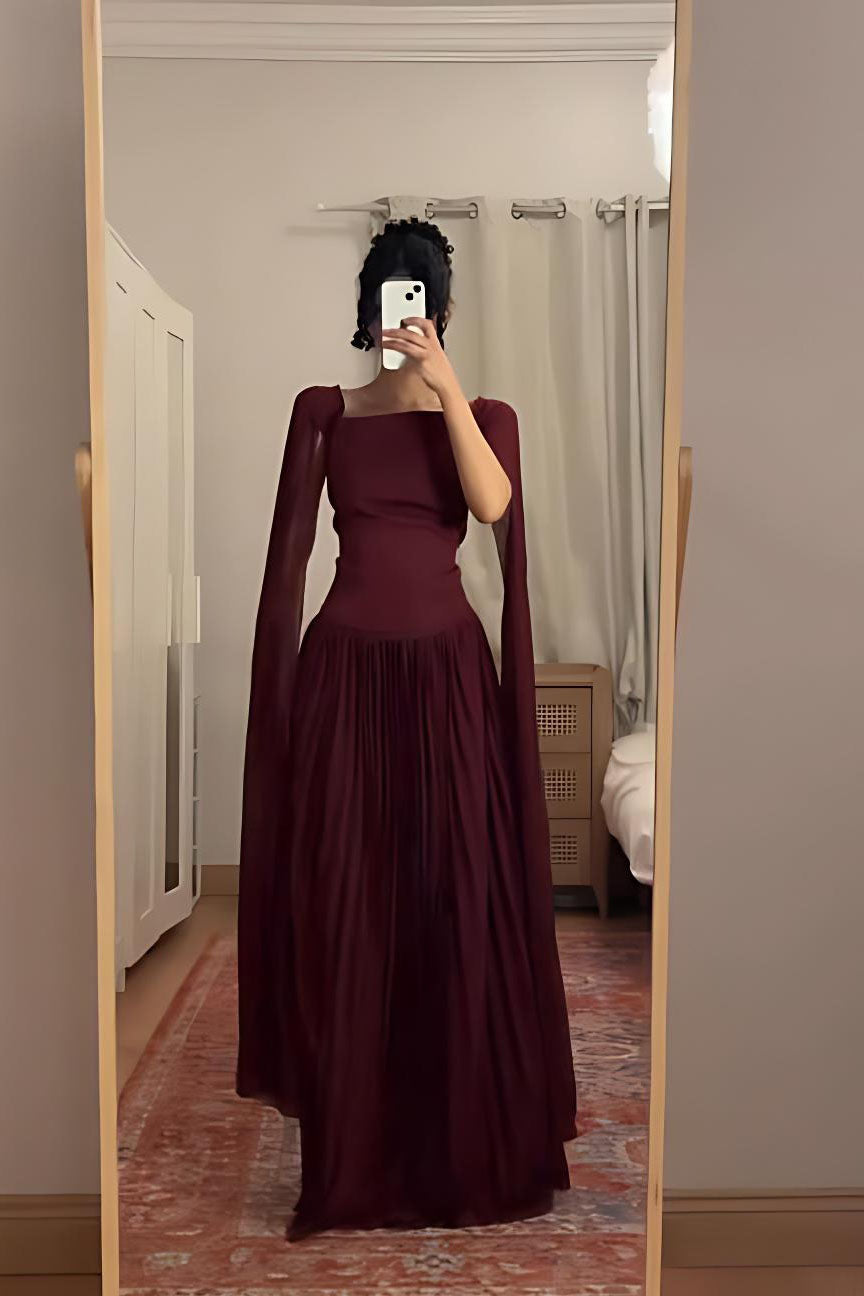 Vestido Maxi Borgonha com Decote Quadrado e Mangas Capa
