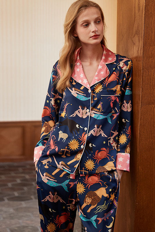 طقم بيجامة بأكمام طويلة بتصميم كوكبة زرقاء