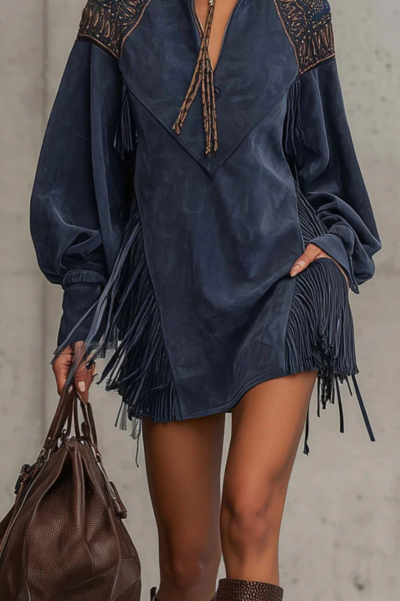 Indigo Faux Suede Embroidered Tassel Mini Dress