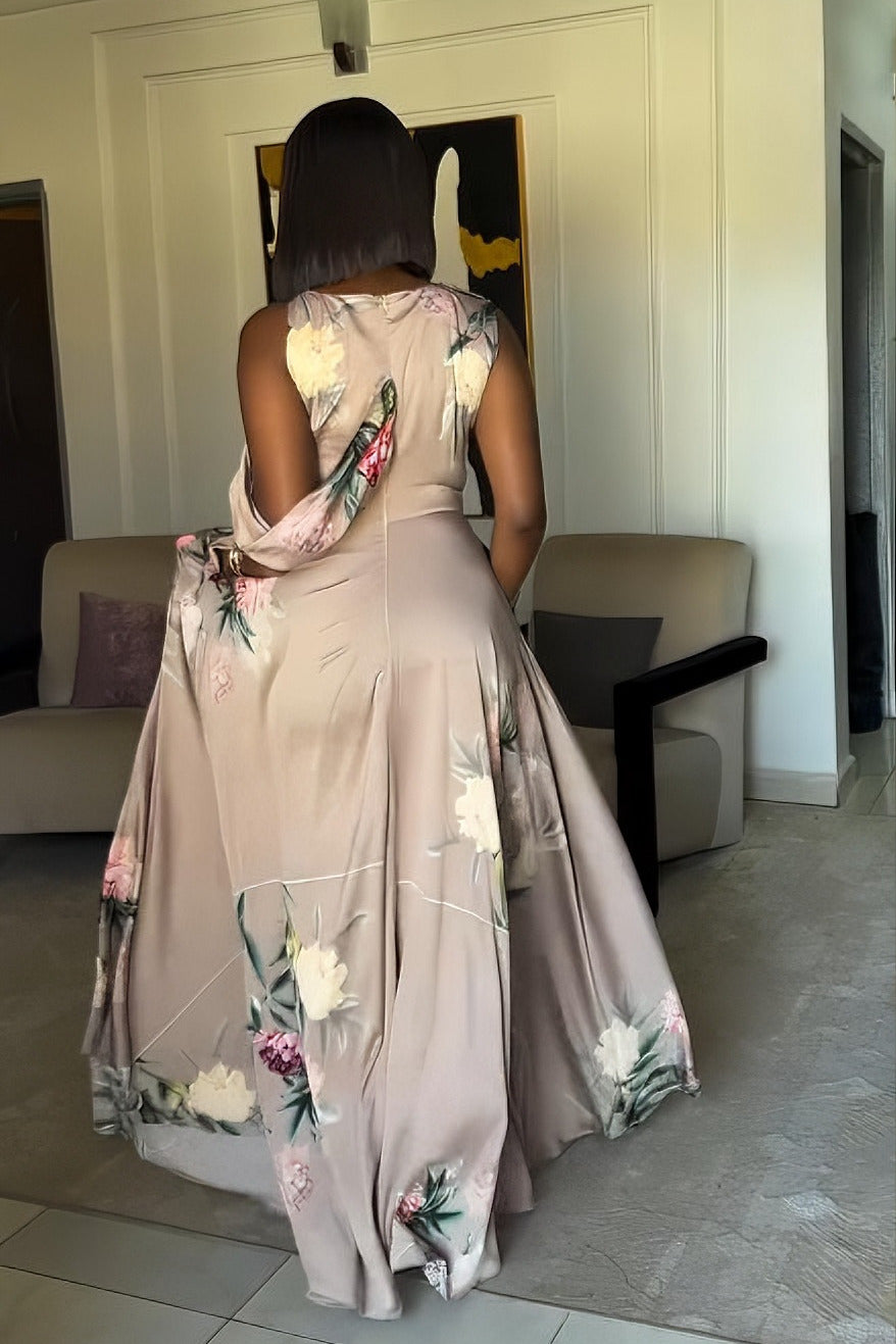 Elegant Floral Satin Off-Shoulder Maxi Dress