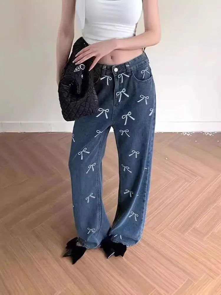 Fiyonk Baskılı Denim Pantolon