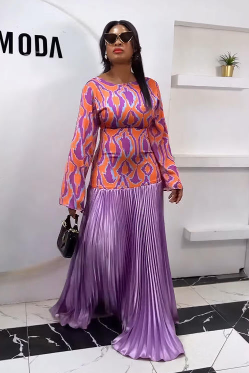 Retro Orange-Purple Print Backless Maxi Dress