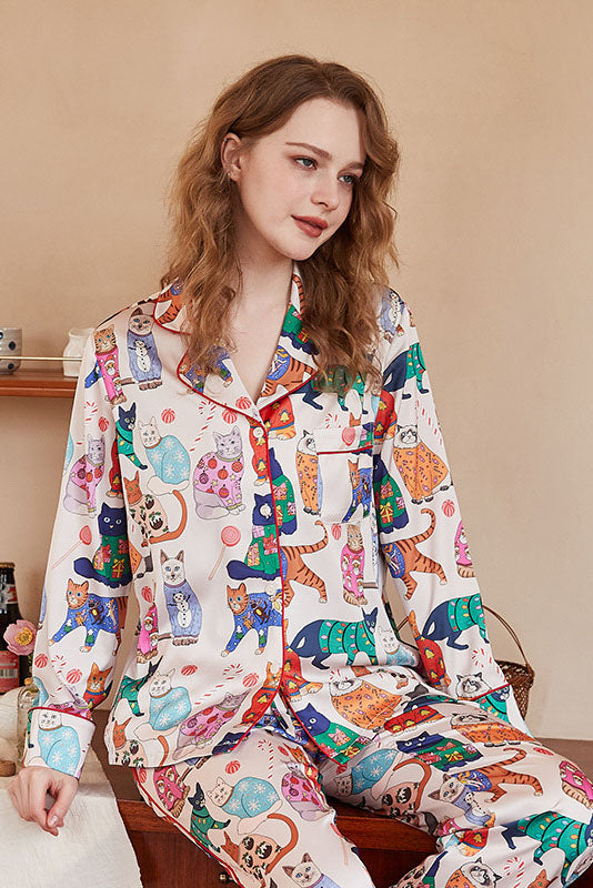 Söt katttryck is-silk långärmad pyjamasset