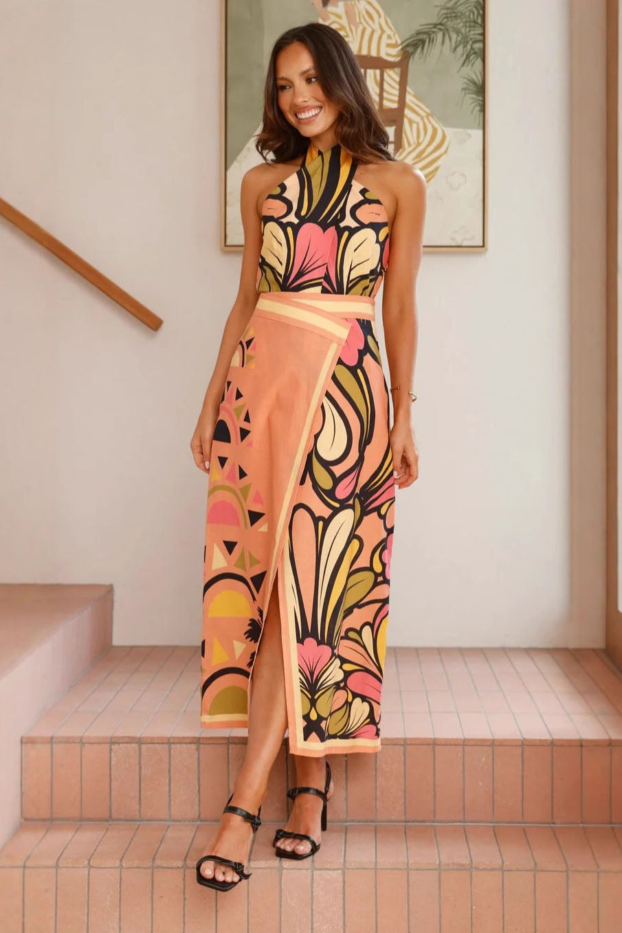 Conjunto de cárdigan con cuello halter y falda con estampado salvaje