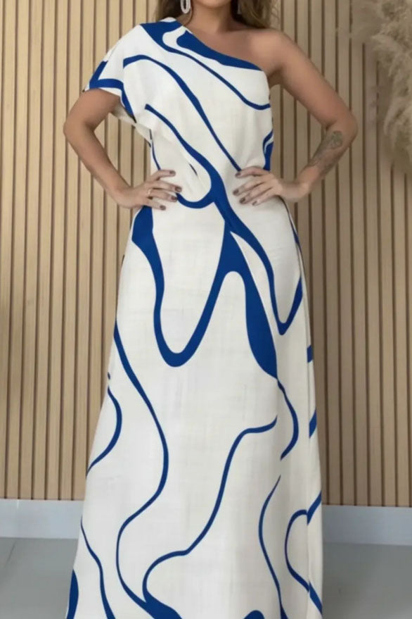 Abstract Wave One-Shoulder Maxi Dress