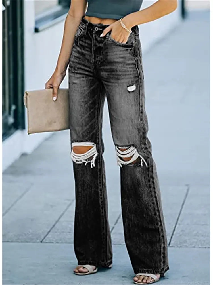 Yüksek Bel Yıpratılmış Denim Pantolon