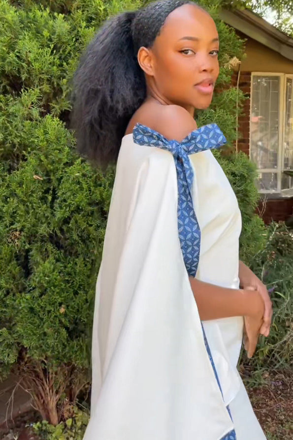 White-Blue Cape Maxi Dress