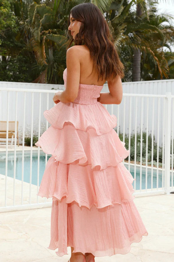 Sexig Chic Strapless Backless Tiered Midi Klänning