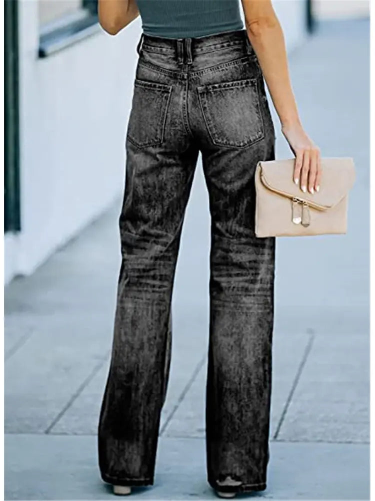 Yüksek Bel Yıpratılmış Denim Pantolon