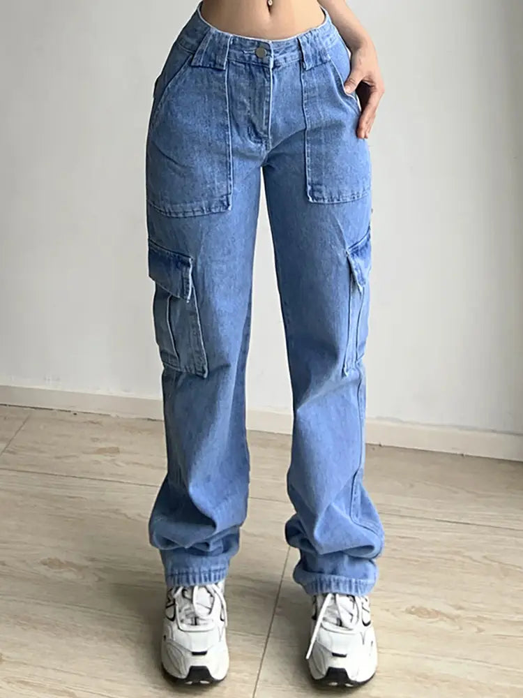 Allsidige løstsittende cargobukser i denim med flere lommer