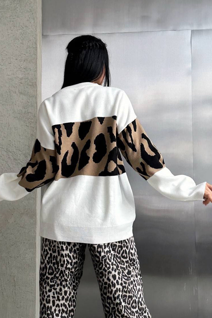 Retro Leopard Print Color-Block Sweater