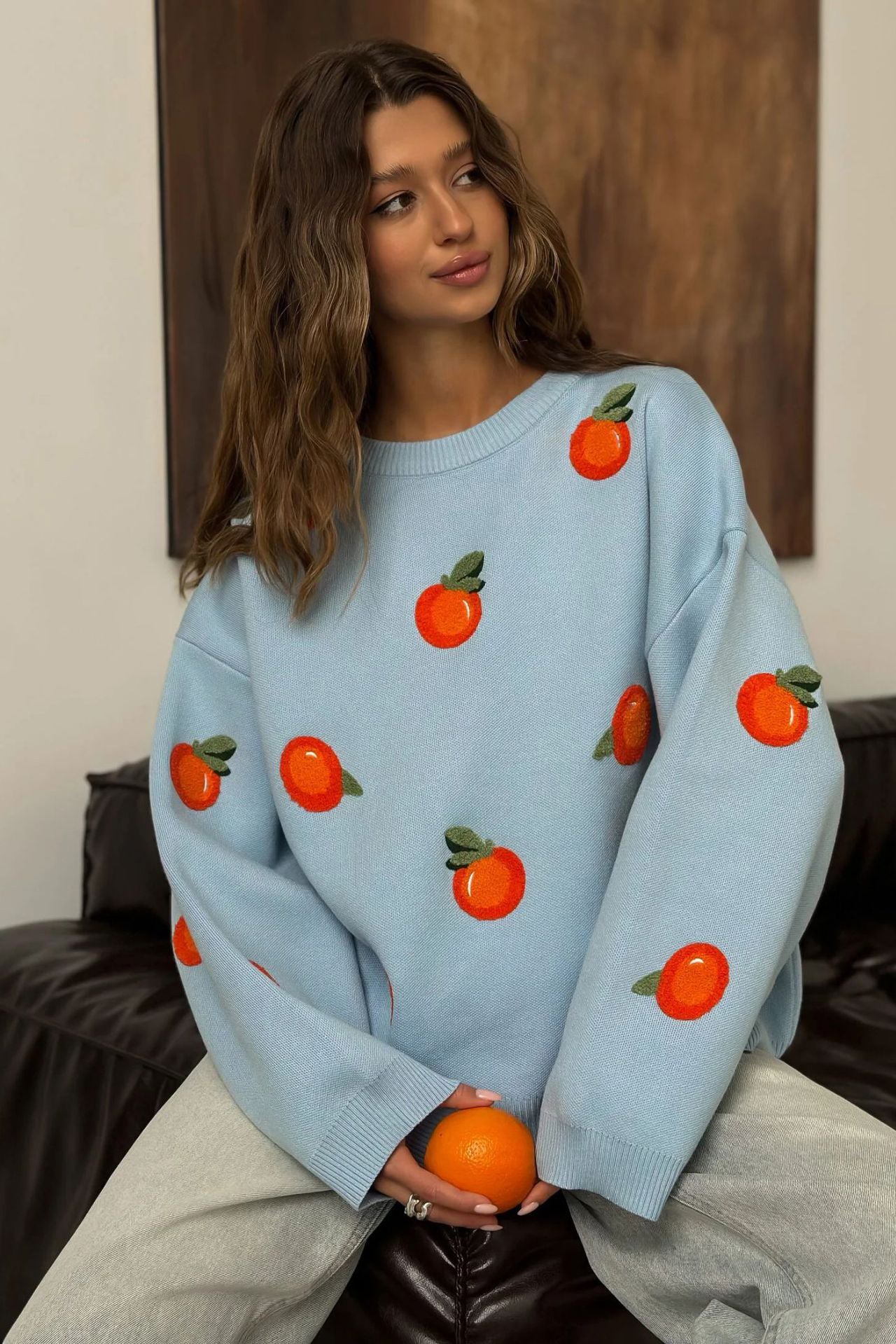 Girls' Orange Flocked Knit Sweater