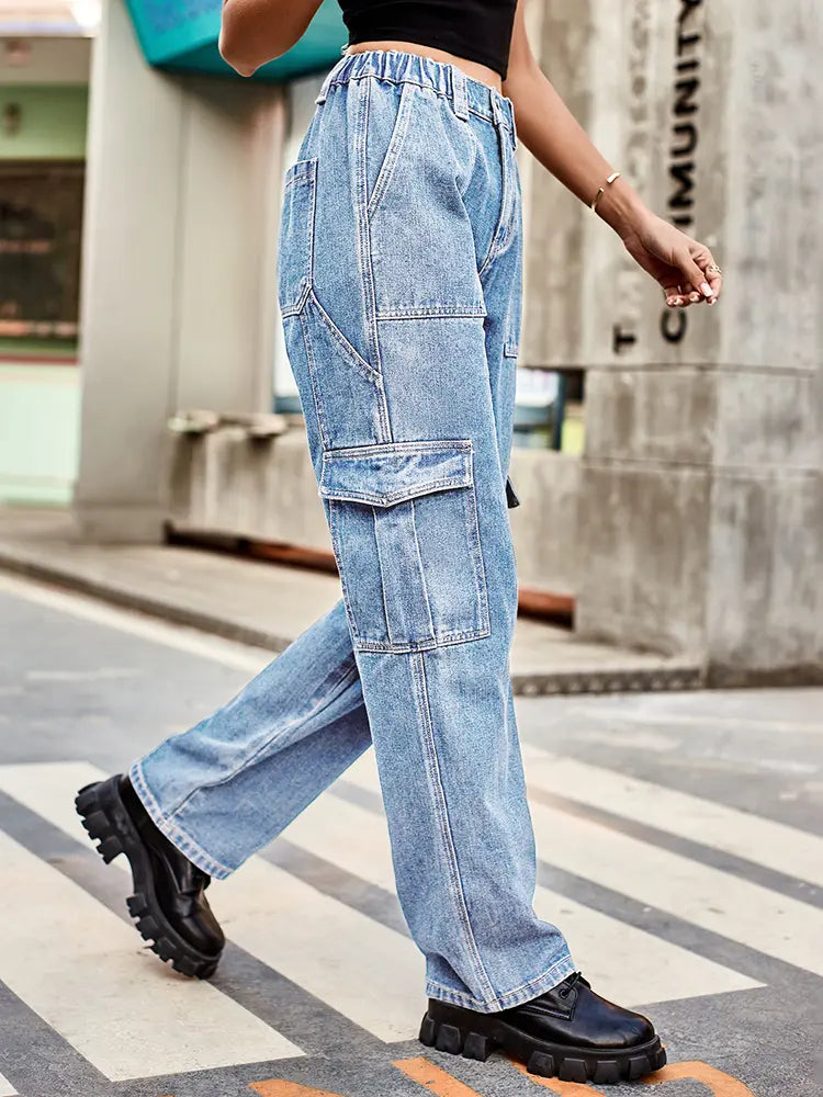 Retro gewäsch Utility-Denim-Hosen mat elasteschem Bund
