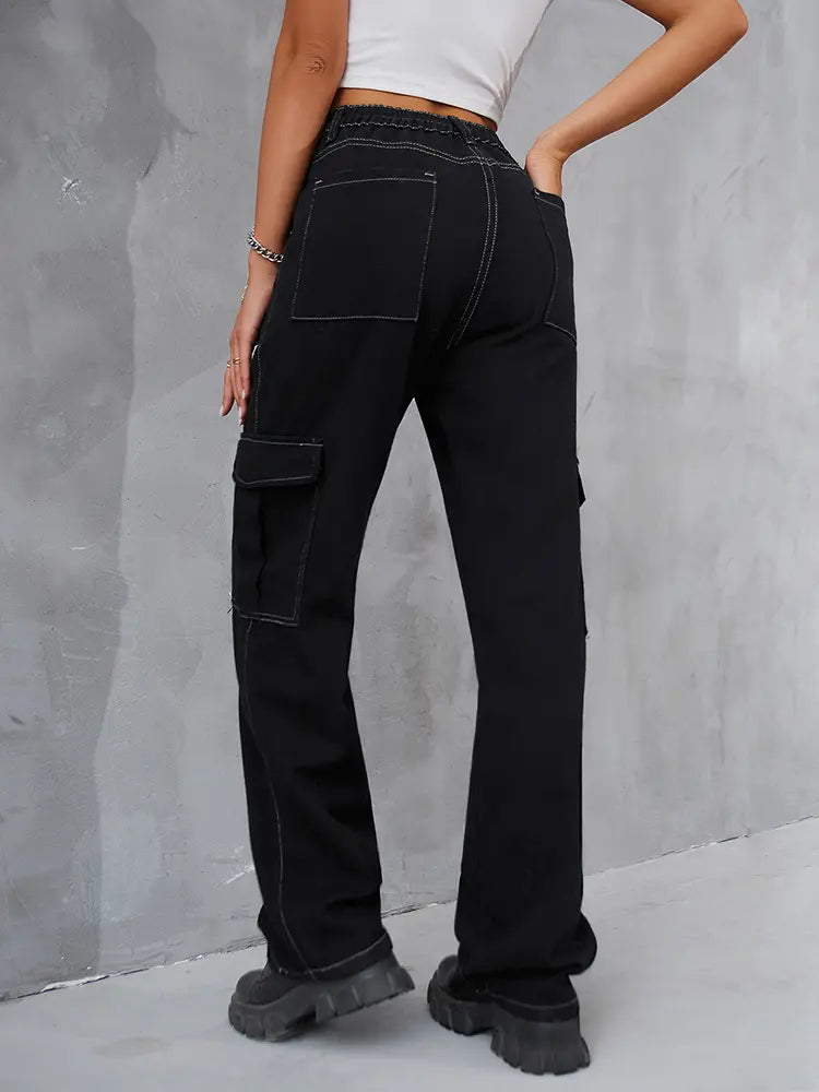 Spodnie cargo z denimu o luźnym kroju i elastycznym pasie w stylu vintage