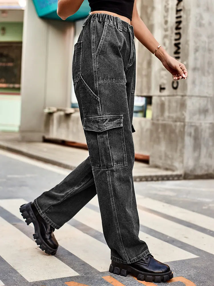 Retro gewäsch Utility-Denim-Hosen mat elasteschem Bund