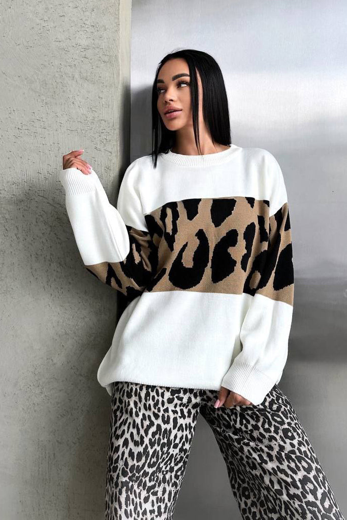 Retro Leopard Print Color-Block Sweater