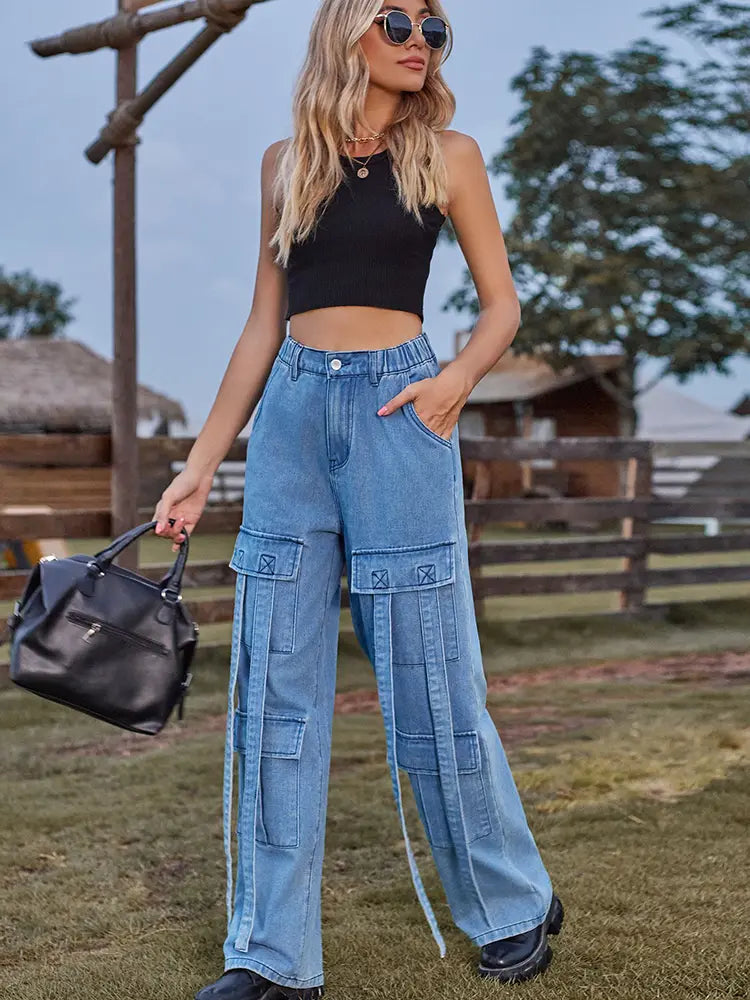 Pantalones cargo de mezclilla con diseño de corbata vintage y alta resistencia
