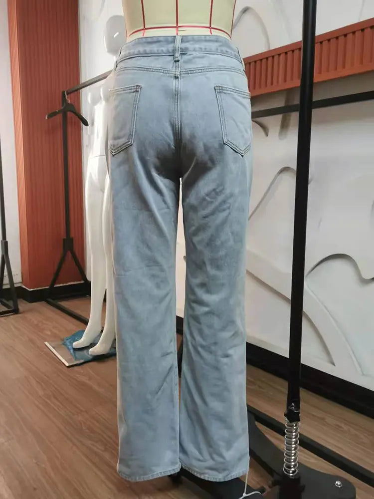 Trendy gewäschten Denim Boxepatalonen mat opgesplécktem Saum