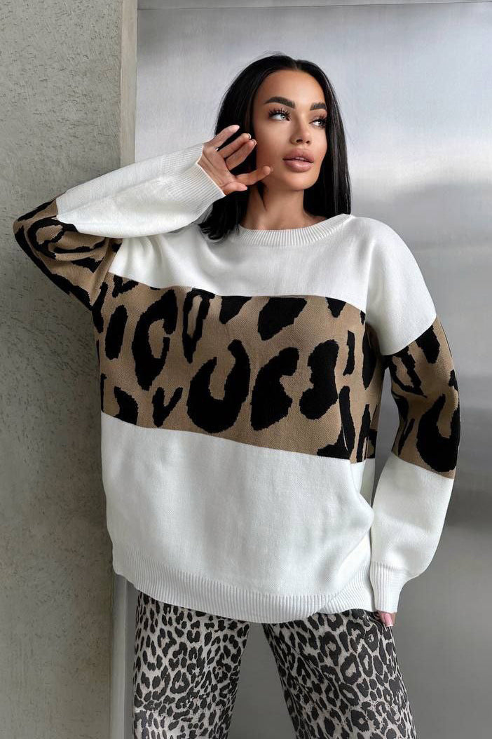 Retro Leopard Print Color-Block Sweater